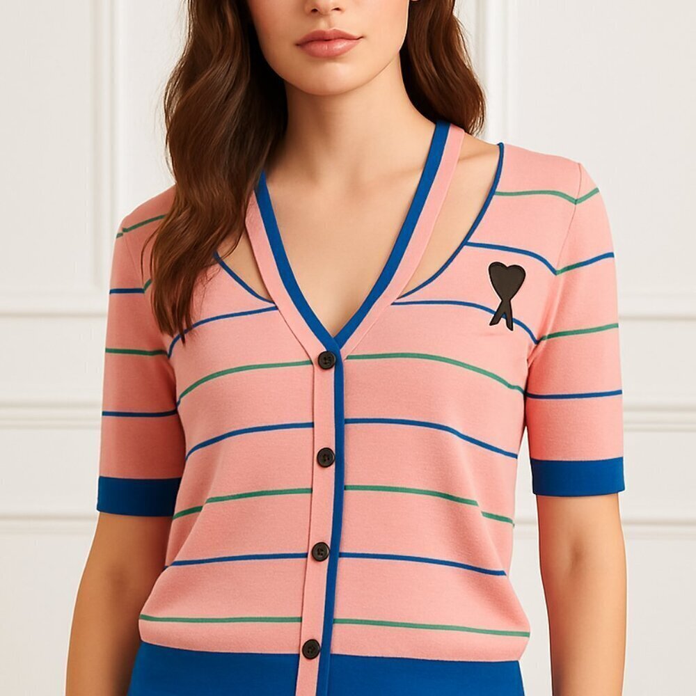 Ami Paris Striped Cutout Sweater Short Sleeves Pink and Blue